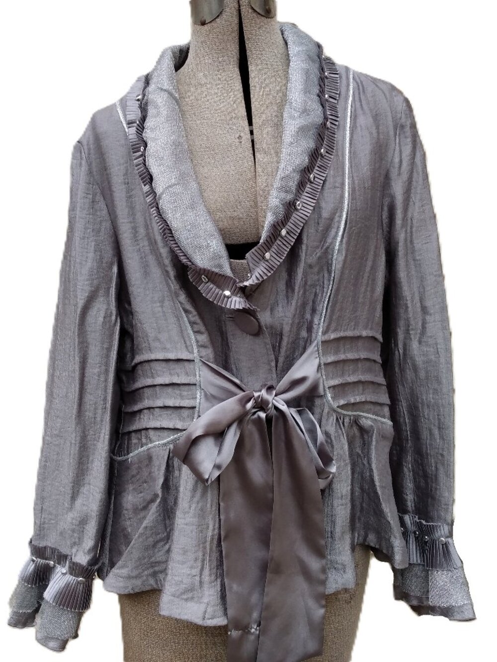 Vintage Pewter Jacket Size XL Lightweight Top Shirt Whimsigoth Satin Bow Ruffled